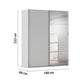 Rauch Orange Plus W180cm Contido silk grey sliding wardrobe showing the shorter top and bottom panels either side of the tall centre panel with dimensions labeled on a white background