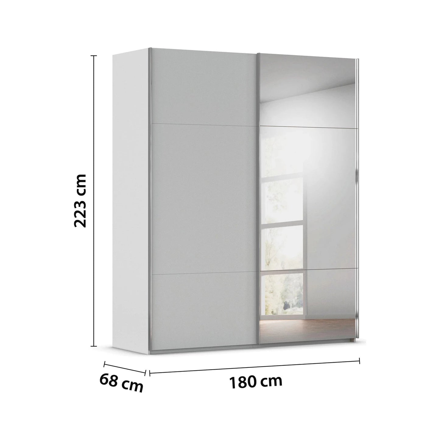 Rauch Orange Plus W180cm Contido silk grey sliding wardrobe showing the shorter top and bottom panels either side of the tall centre panel with dimensions labeled on a white background