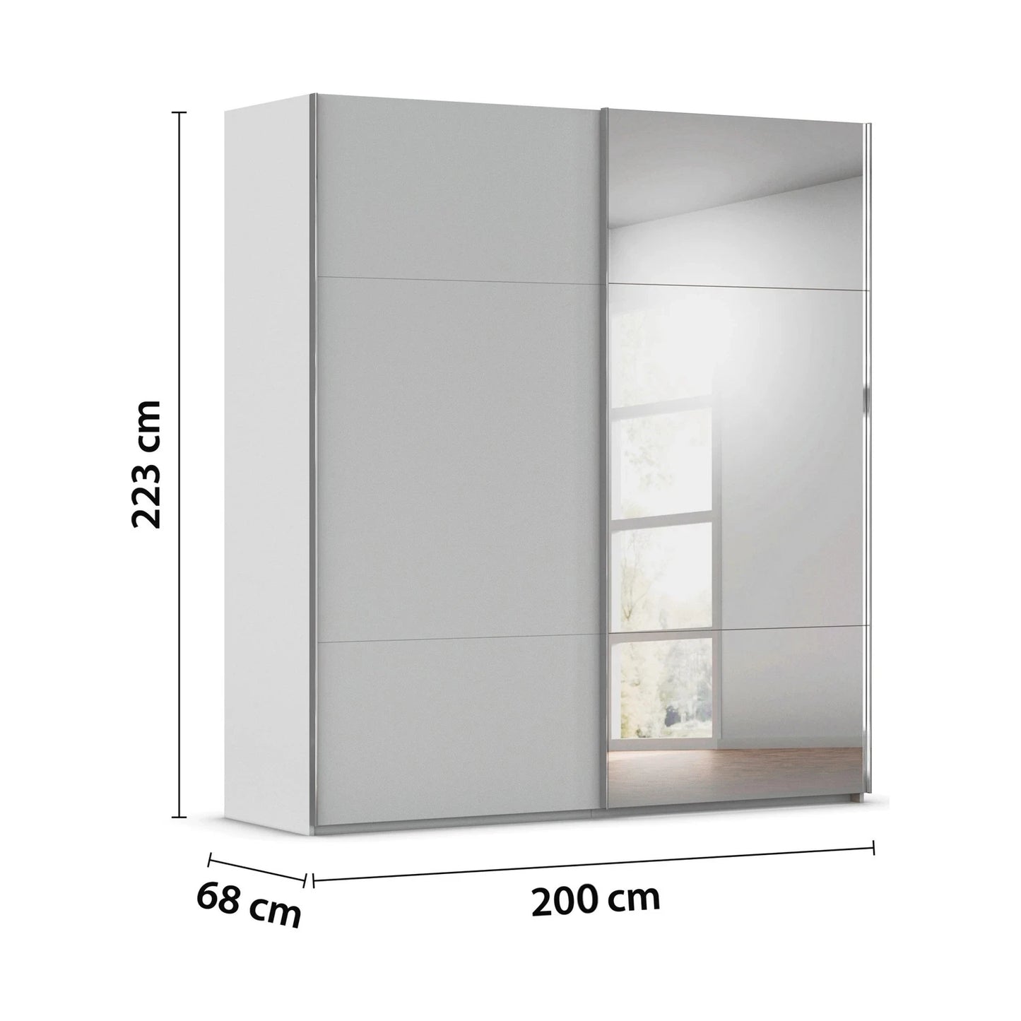 Rauch Orange Plus W200cm Contido silk grey sliding wardrobe showing the shorter top and bottom panels either side of the tall centre panel with dimensions labeled on a white background