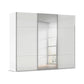 A modern white sliding wardrobe with two doors featuring glossy Glass panels and Mirror on the Middle door