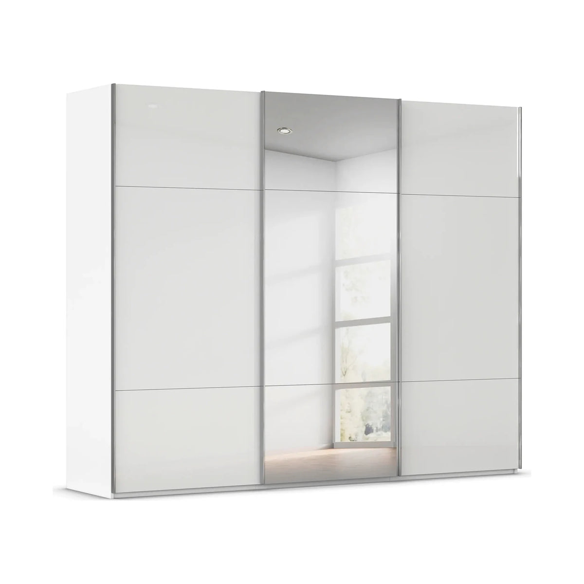 A modern white sliding wardrobe with two doors featuring glossy Glass panels and Mirror on the Middle door