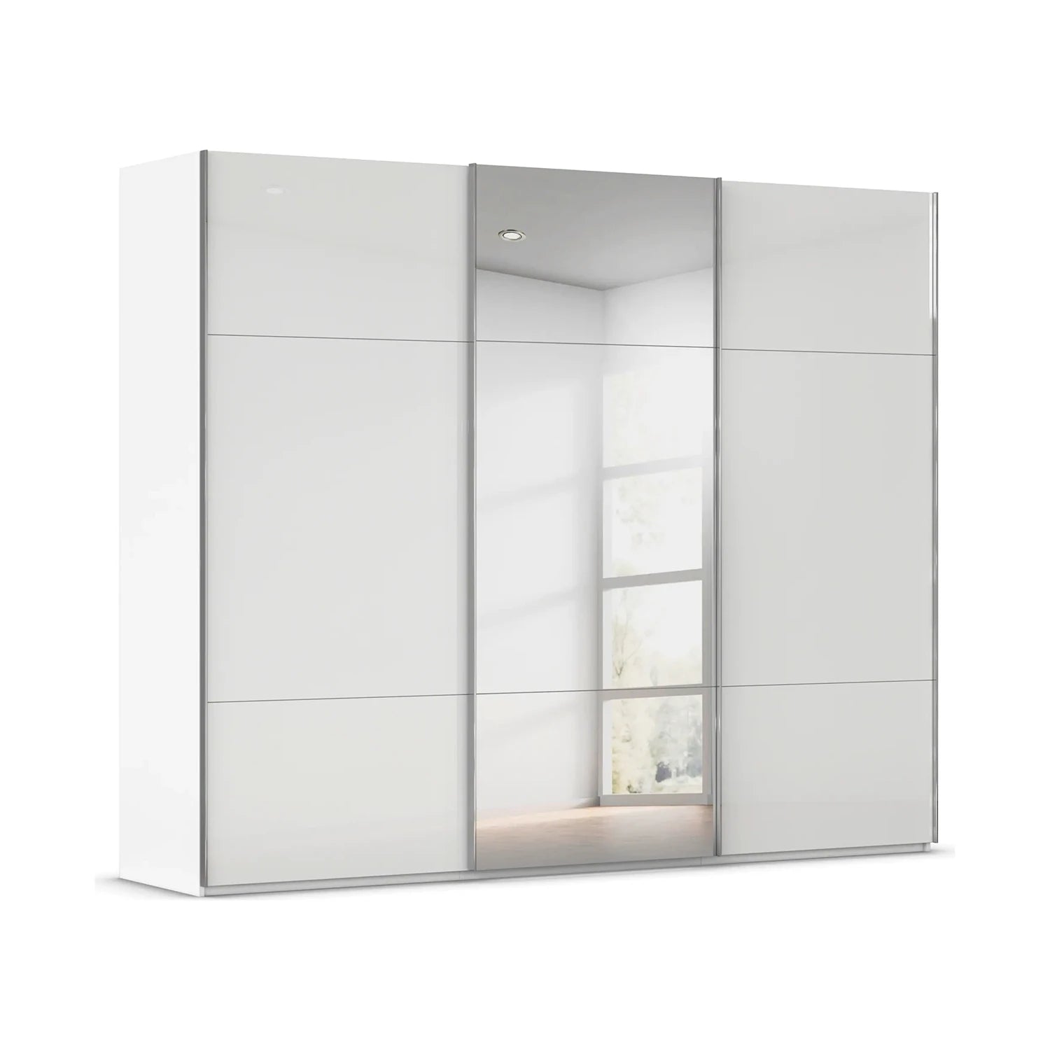 A modern white sliding wardrobe with two doors featuring glossy Glass panels and Mirror on the Middle door