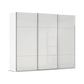A modern three-door sliding wardrobe or closet cabinet with glossy glass white doors and slim metallic silver frames, shown on a plain white background.
