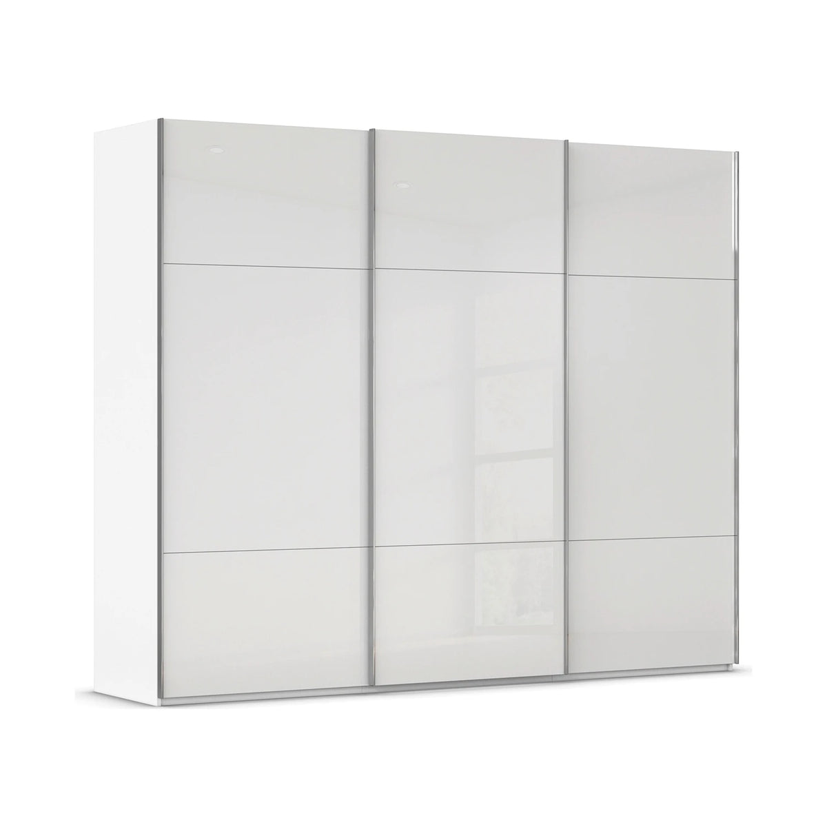 A modern three-door sliding wardrobe or closet cabinet with glossy glass white doors and slim metallic silver frames, shown on a plain white background.