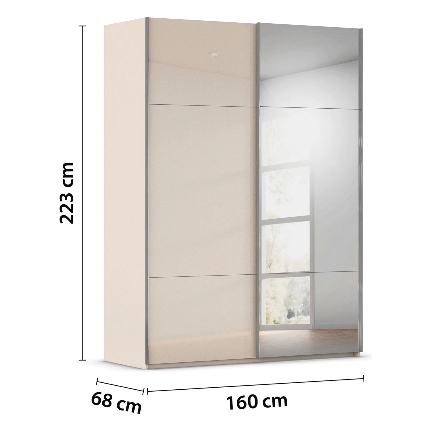 Rauch Orange Plus W160cm Contido champagne decor sliding two door wardrobe with mirror dimensions labeled on a white background