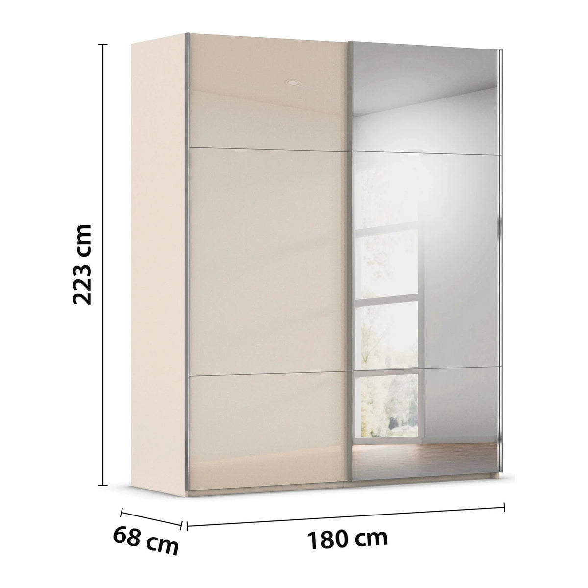 Rauch Orange Plus W180cm Contido champagne decor sliding two door wardrobe with mirror dimensions labeled on a white background