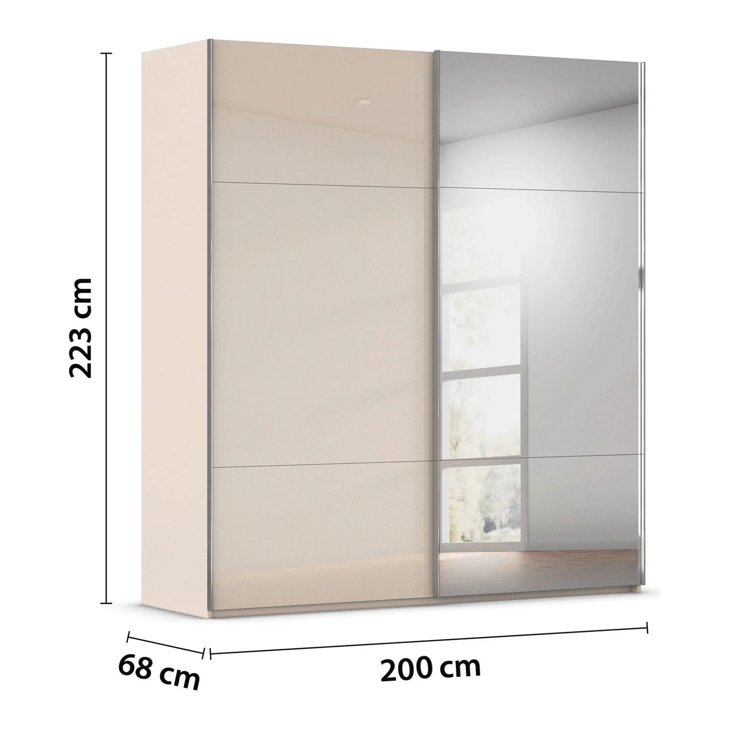 Rauch Orange Plus W200cm Contido champagne decor sliding two door wardrobe with mirror dimensions labeled on a white background