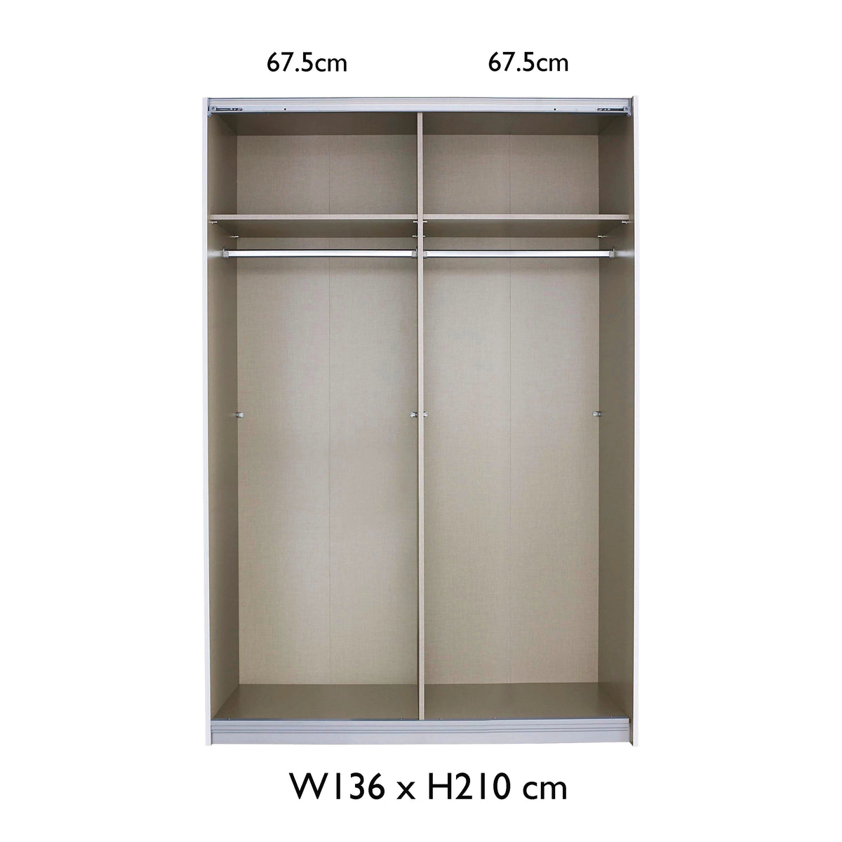 Rauch Freja Glass Door Sliding Wardrobe internal compartments with Dimensions