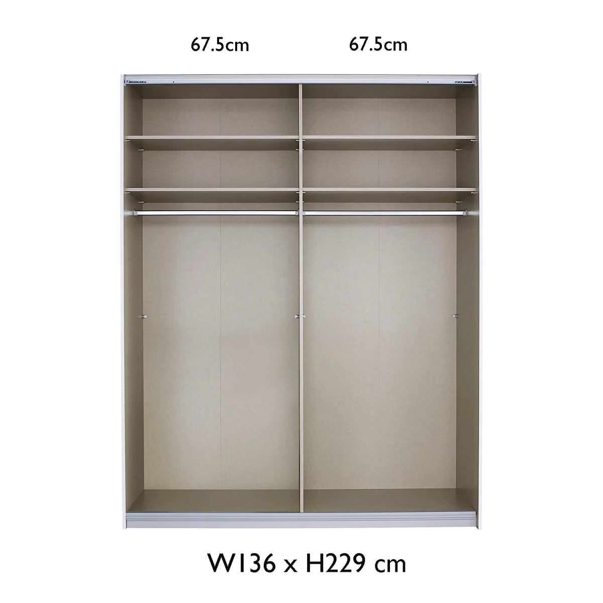 Rauch Freja Glass Door Sliding Wardrobe internal compartments with Dimensions