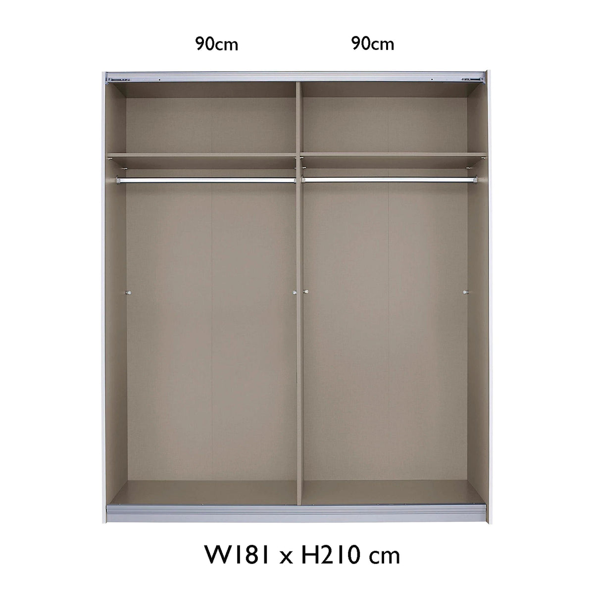 Rauch Freja Glass Door Sliding Wardrobe internal compartments with Dimensions