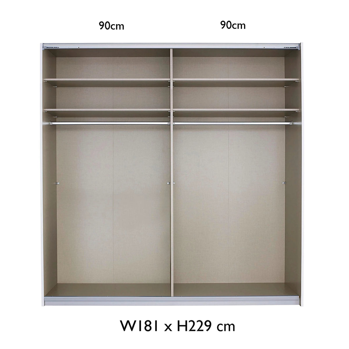 Rauch Freja Glass Door Sliding Wardrobe internal compartments with Dimensions