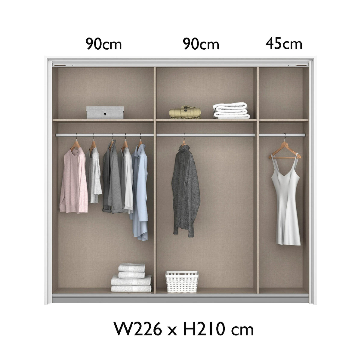 Rauch Freja Glass Door Sliding Wardrobe internal compartments with Dimensions