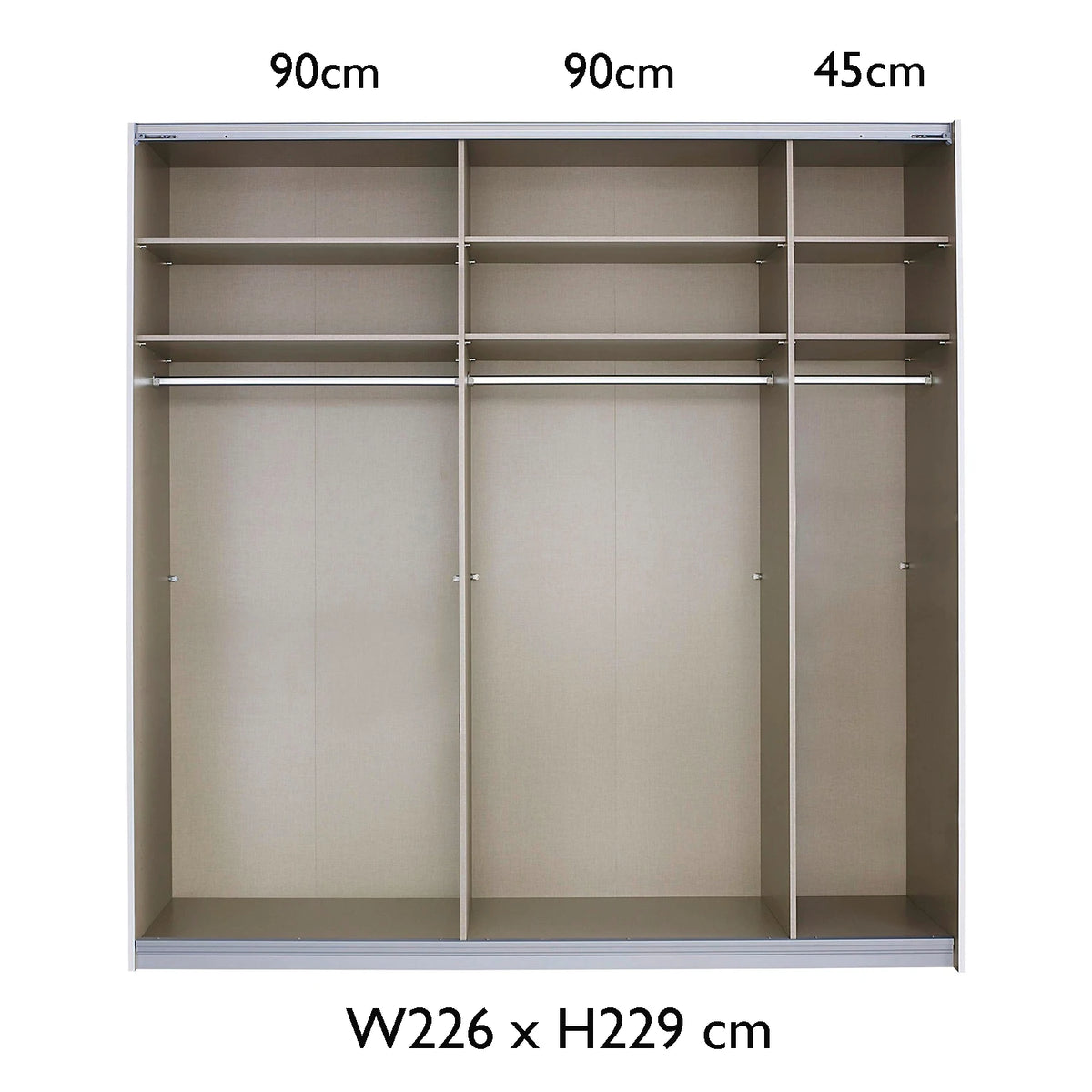 Rauch Freja Glass Door Sliding Wardrobe internal compartments with Dimensions