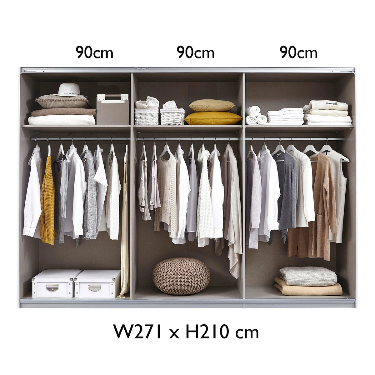 Rauch Freja Glass Door Sliding Wardrobe internal compartments with Dimensions lifestyle image
