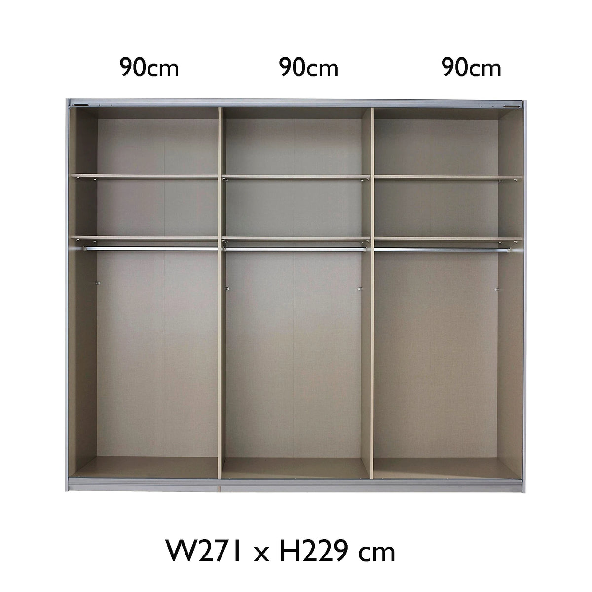 Rauch Freja Glass Door Sliding Wardrobe internal compartments with Dimensions