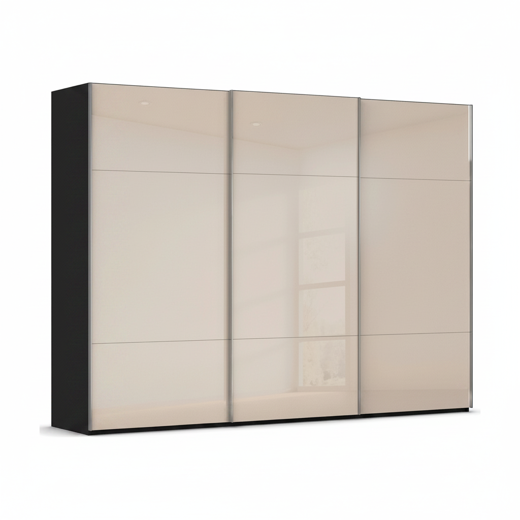Rauch Contido three door sliding wardrobe with champagne glass fronts and black carcase