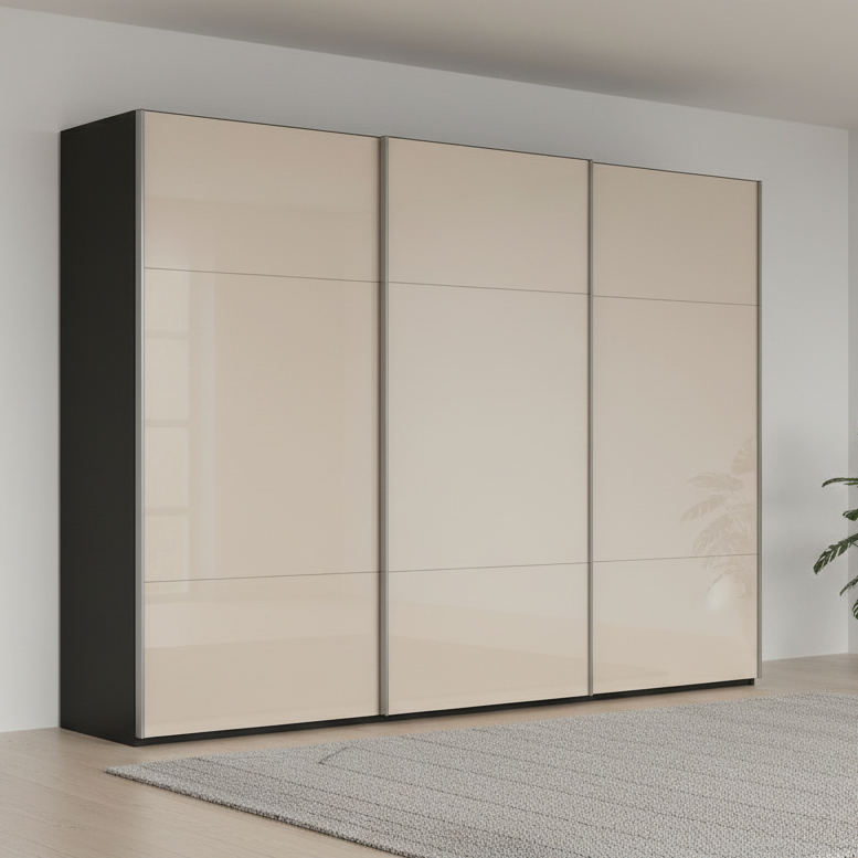 Rauch Contido two colour Tone Black Carcase and Champagne Glass Front three  Door Sliding Wardrobe   