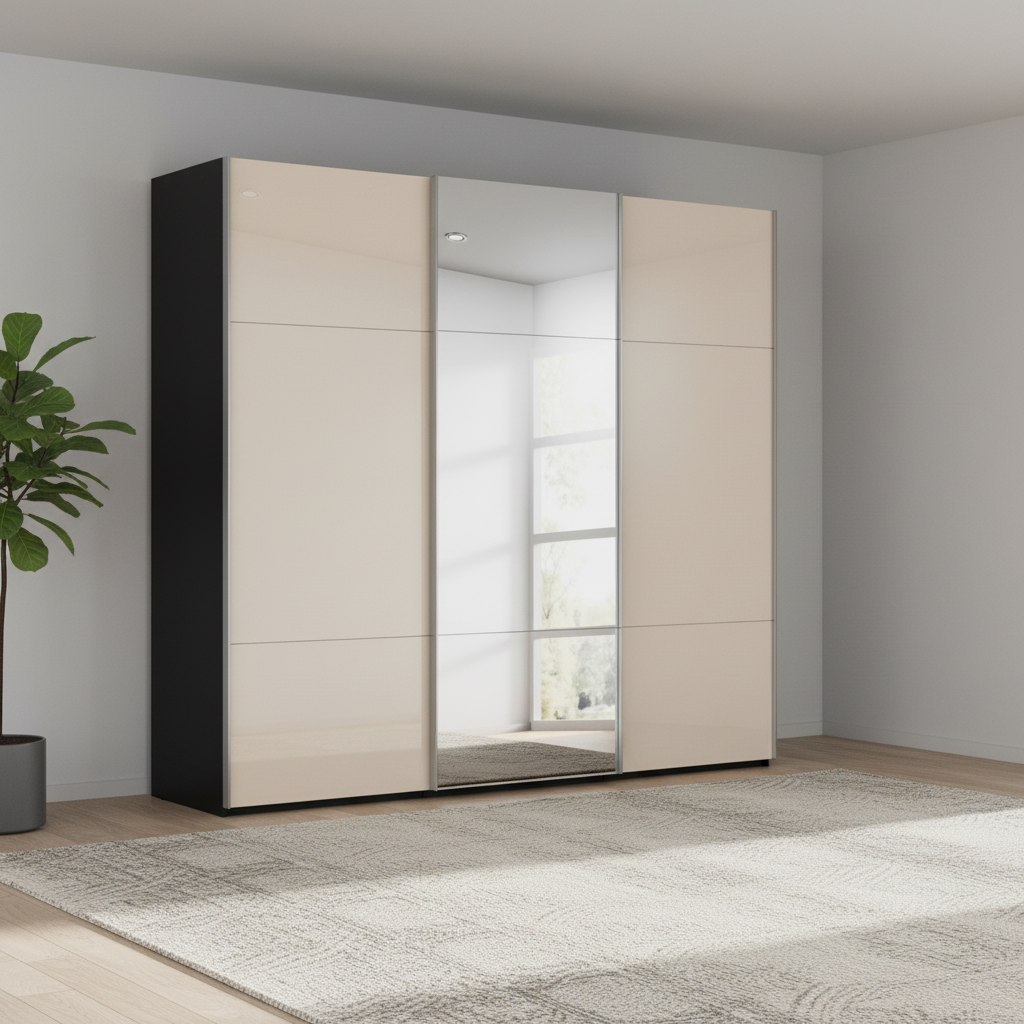Rauch Contido two colour Tone Black Carcase and Champagne Glass Front three  Door Sliding Wardrobe With Mirror on the Middle Door