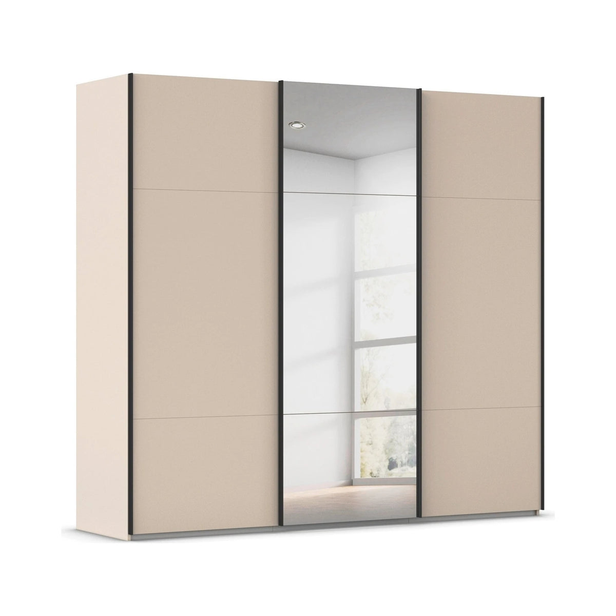 Rauch Contido 3 Door Sliding Wardrobe in Champagne with black handle strips
