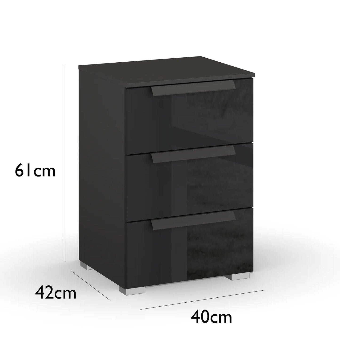 Rauch Perth 3 Drawer Basalt Glass Bedside Table - Dimensions