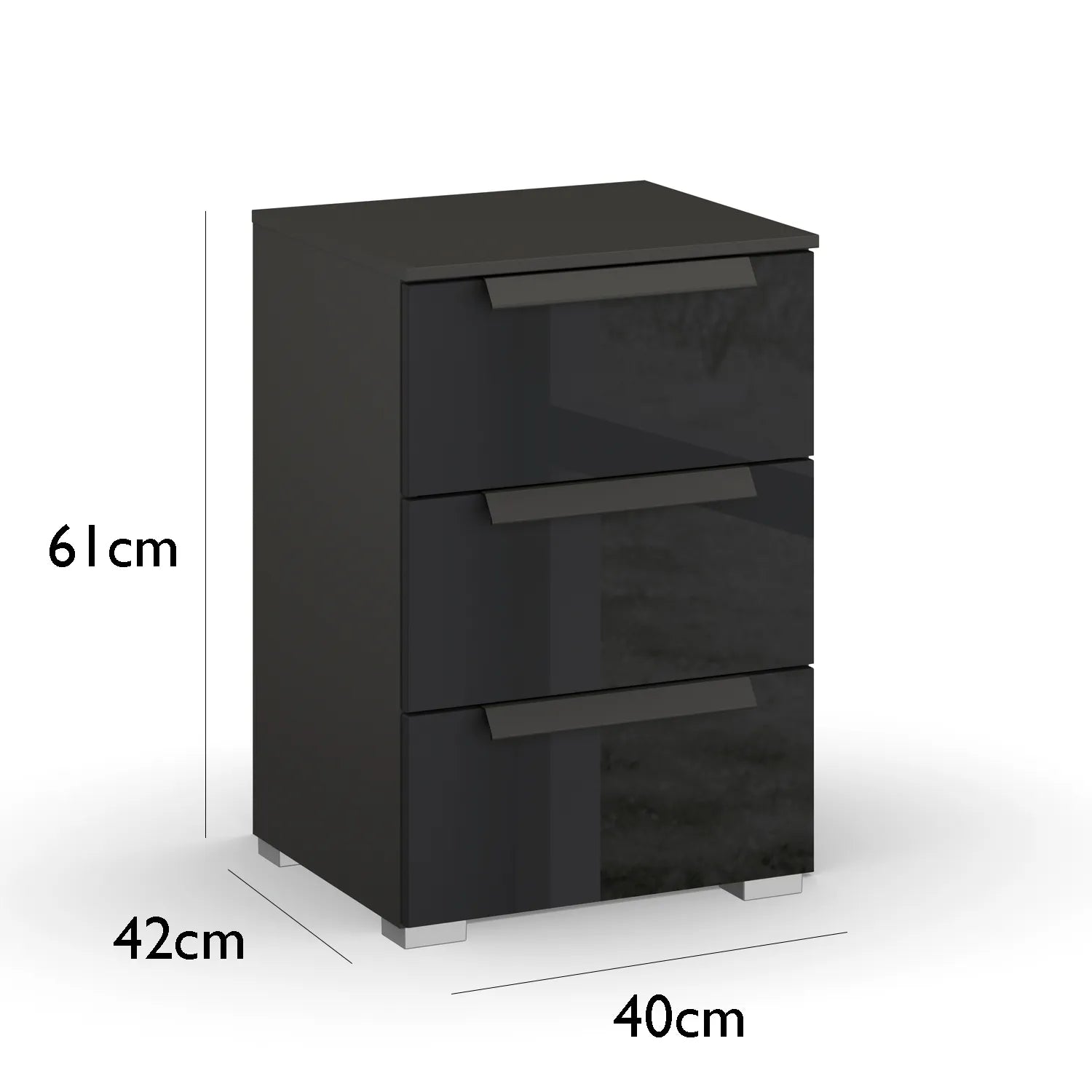 Rauch Perth 3 Drawer Basalt Glass Bedside Table - Dimensions
