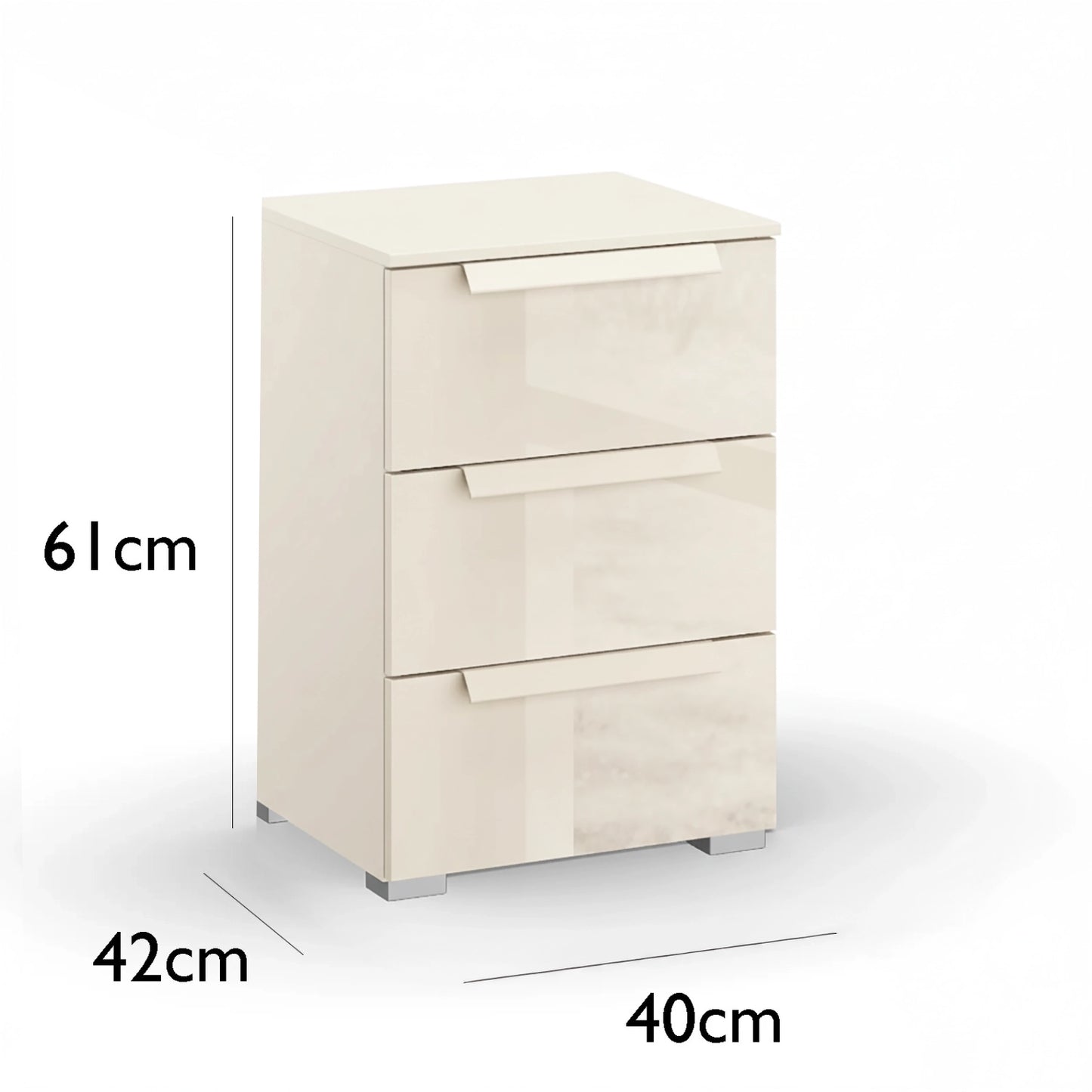 Angled View Rauch Perth 3 Drawer Champagne Glass Bedside Table - Home Of Wardrobes