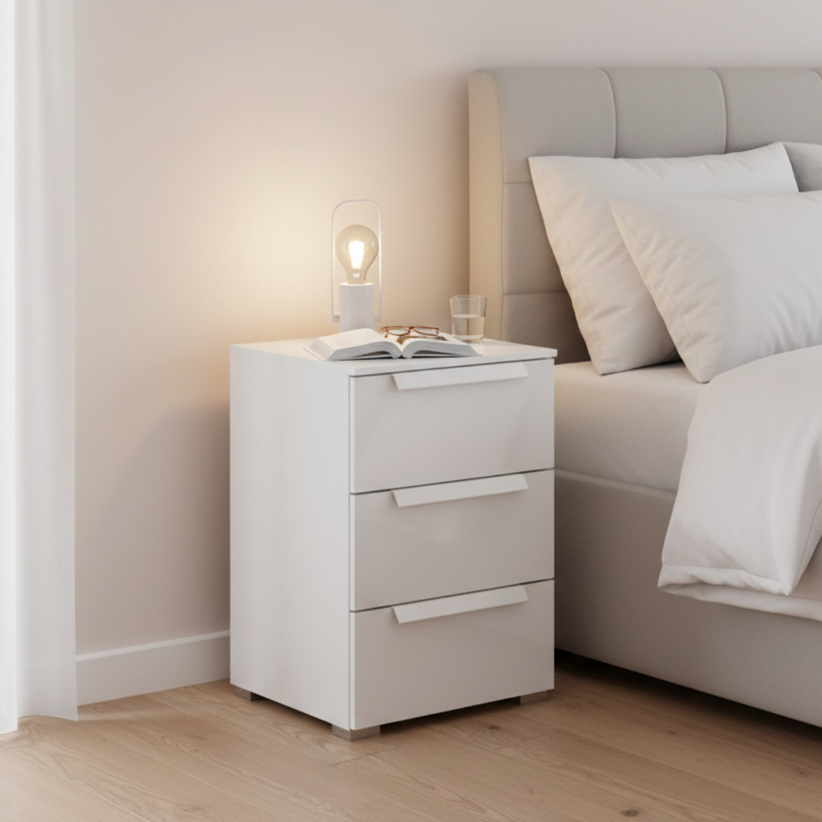 Rauch Perth 3 Drawer White Glass Bedside Table