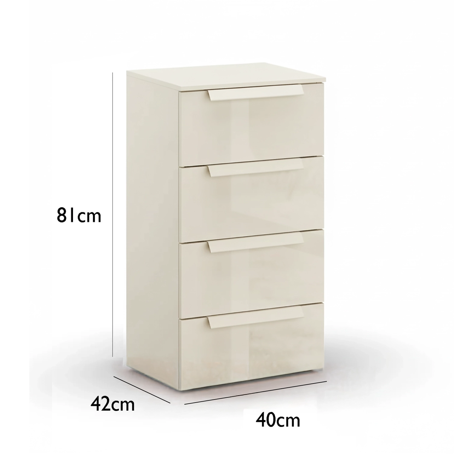 Angled View Rauch Perth 4 Drawer Champagne Glass Narrow Chest - Home Of Wardrobes