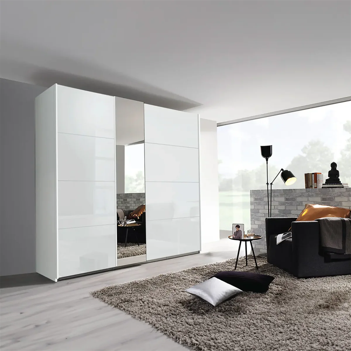 Rauch Perth White Glass Sliding Door Wardrobe - Styled in a Bedroom