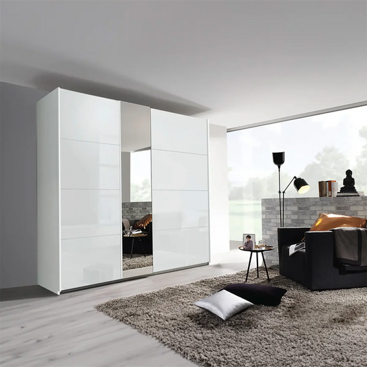 Rauch Perth White Glass Sliding Door Wardrobe - Styled in a Bedroom
