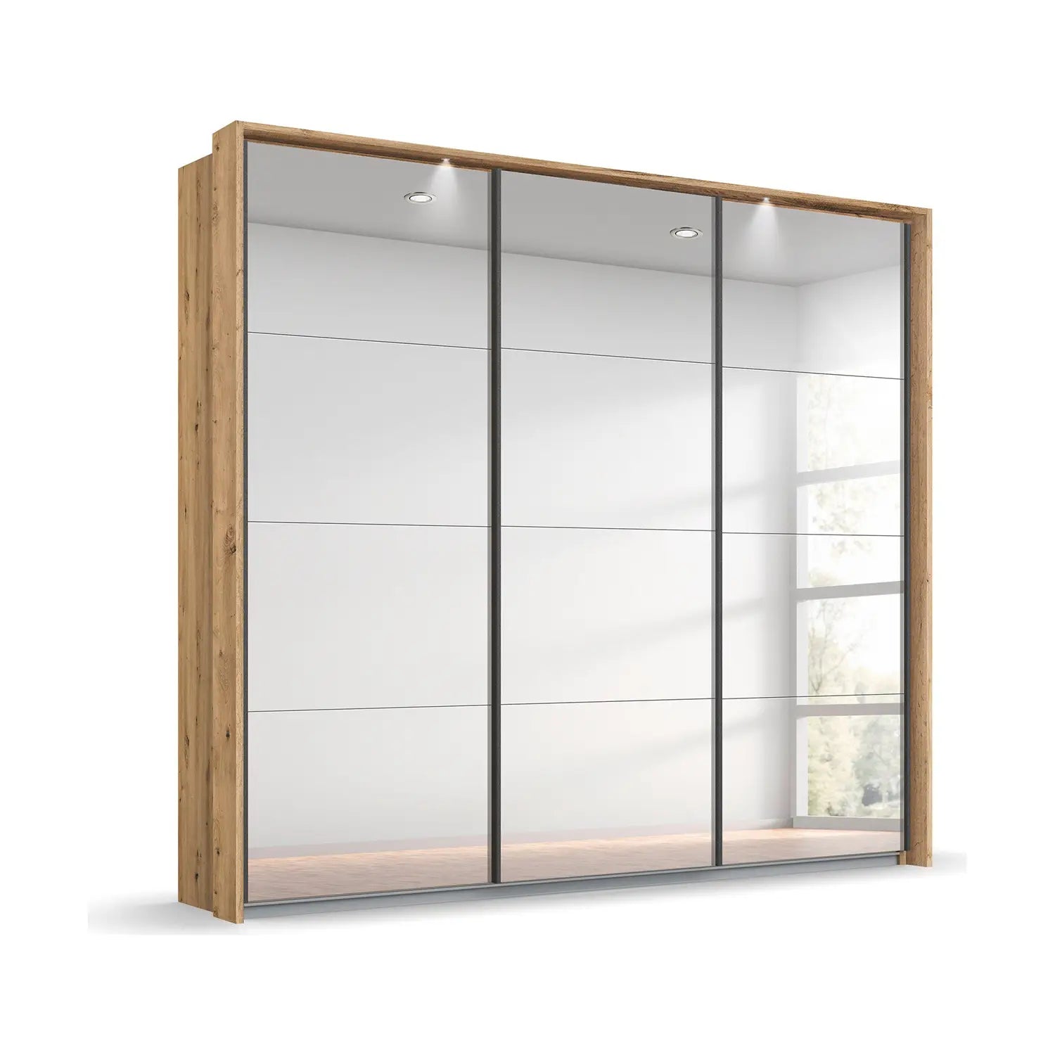 Rauch Prism Artisan Oak 3 Door Full Mirror Sliding Wardrobe - 203cm - Passepartout Frame with Light
