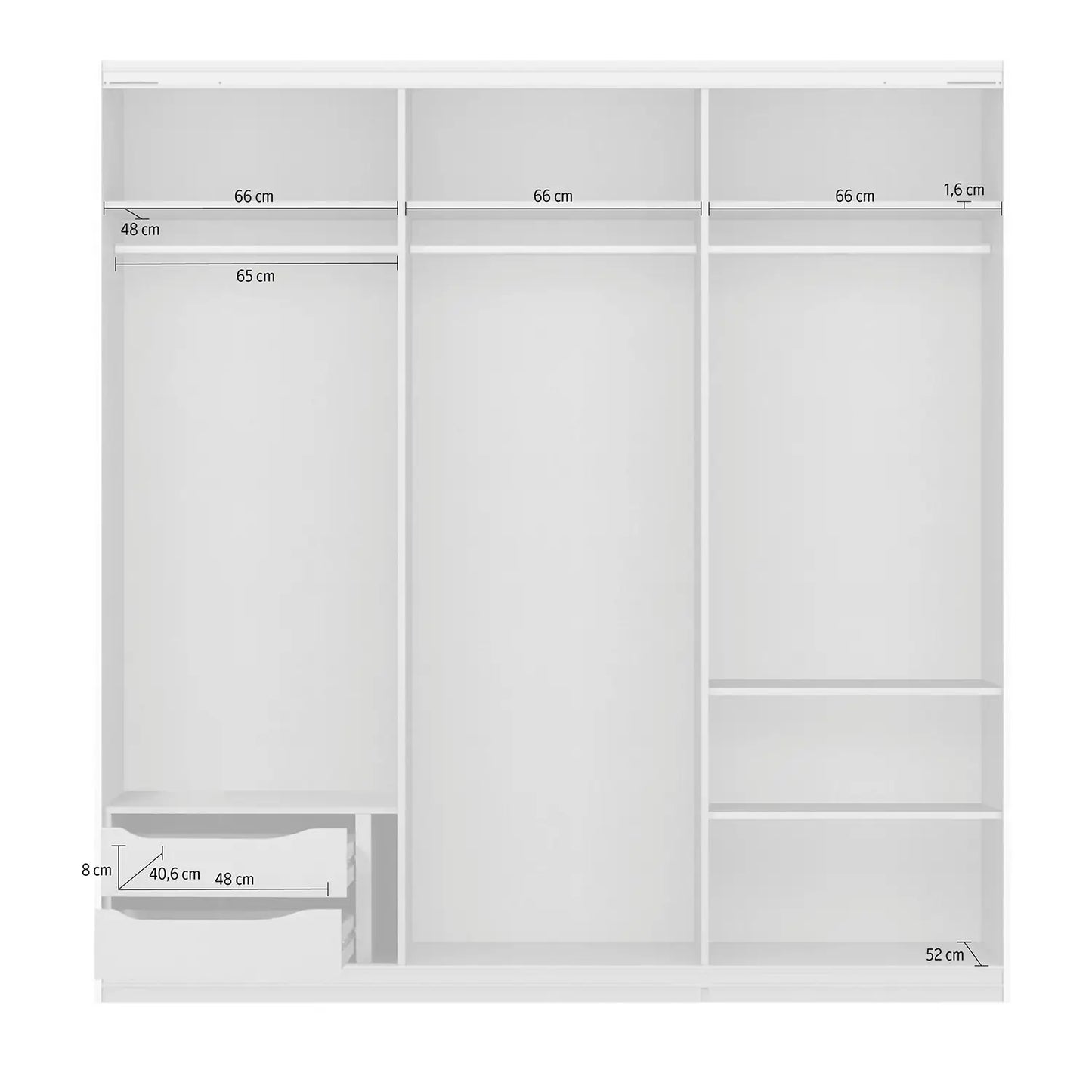 Rauch Prism Artisan Oak 3 Door Full Mirror Sliding Wardrobe - 203cm - Interior view - Interior view with Dimensions