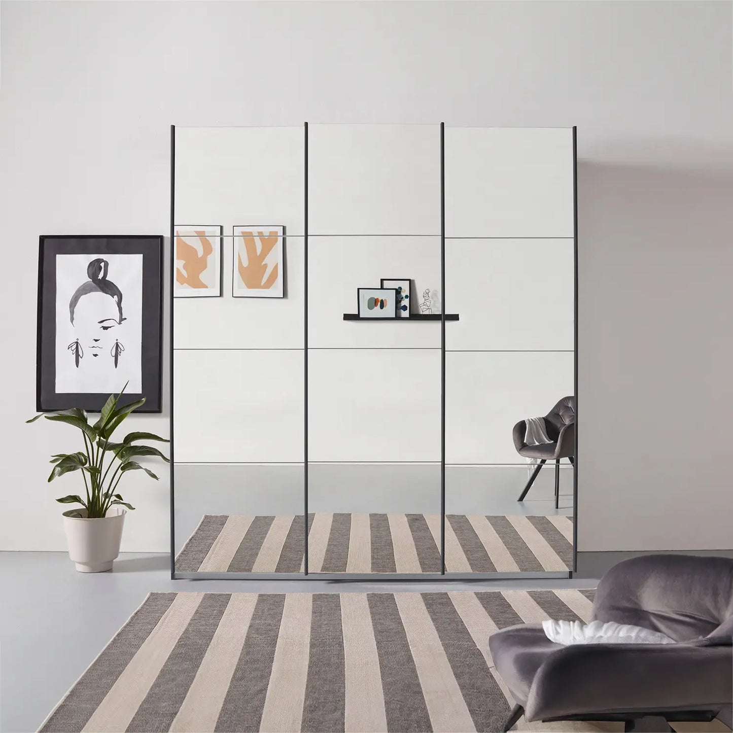 Rauch Prism Artisan Oak 3 Door Full Mirror Sliding Wardrobe - 203cm - Styled in a Bedroom