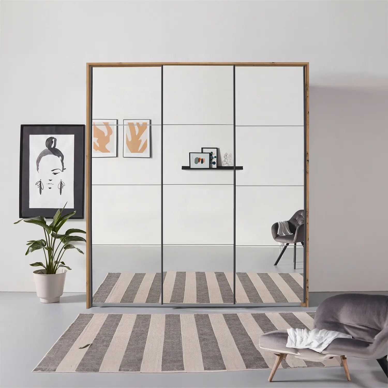 Rauch Prism Artisan Oak 3 Door Full Mirror Sliding Wardrobe - 203cm - With Frame Styled in a Bedroom