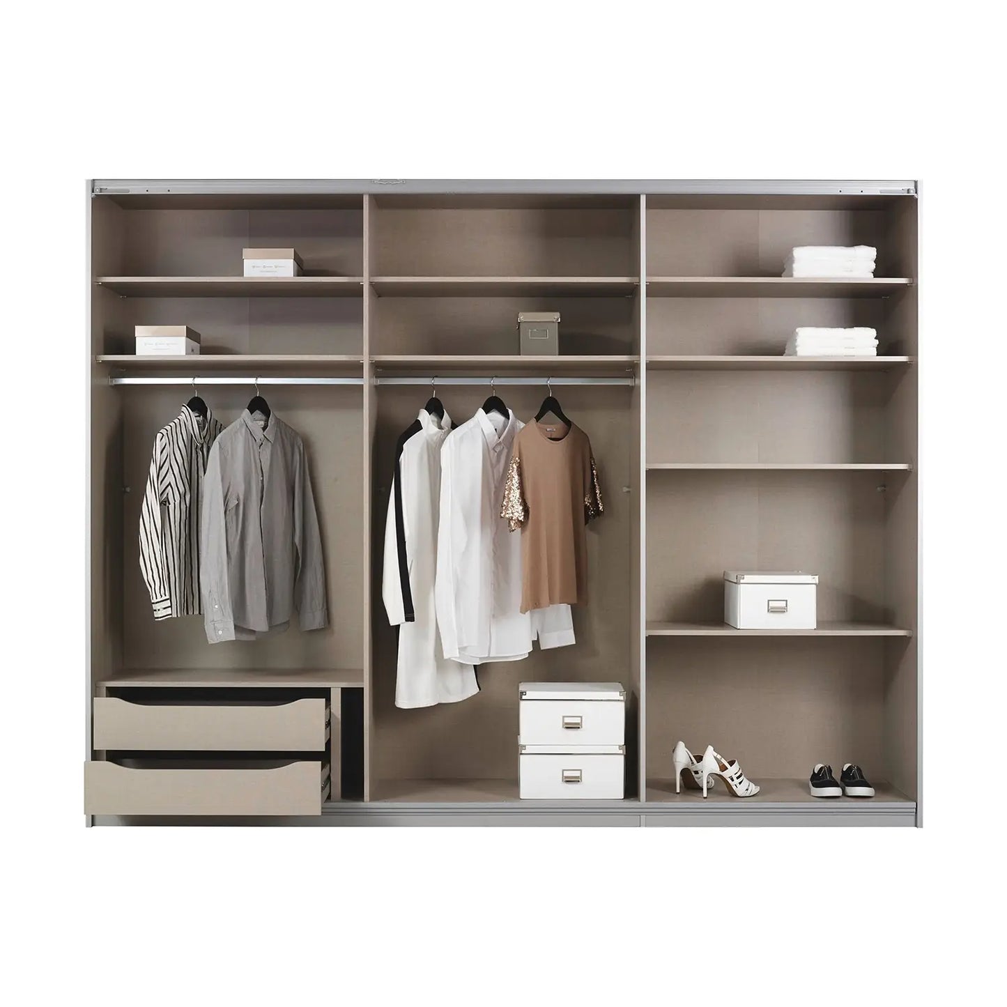 Rauch Prism Artisan Oak 3 Door Full Mirror Sliding Wardrobe - 271cm - Interior view Styled in a Bedroom