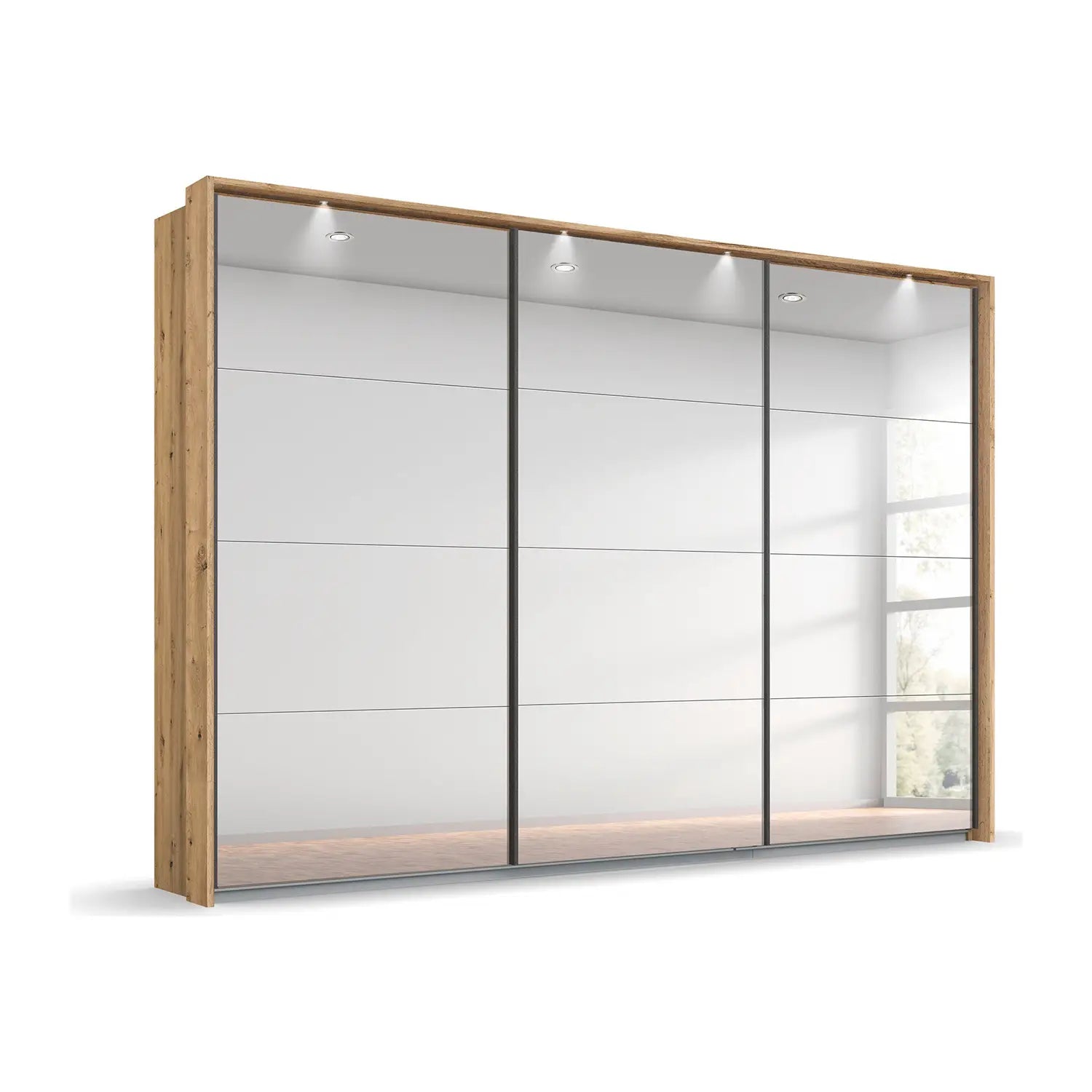 Rauch Prism Artisan Oak 3 Door Full Mirror Sliding Wardrobe - 271cm - Passepartout Frame with Light