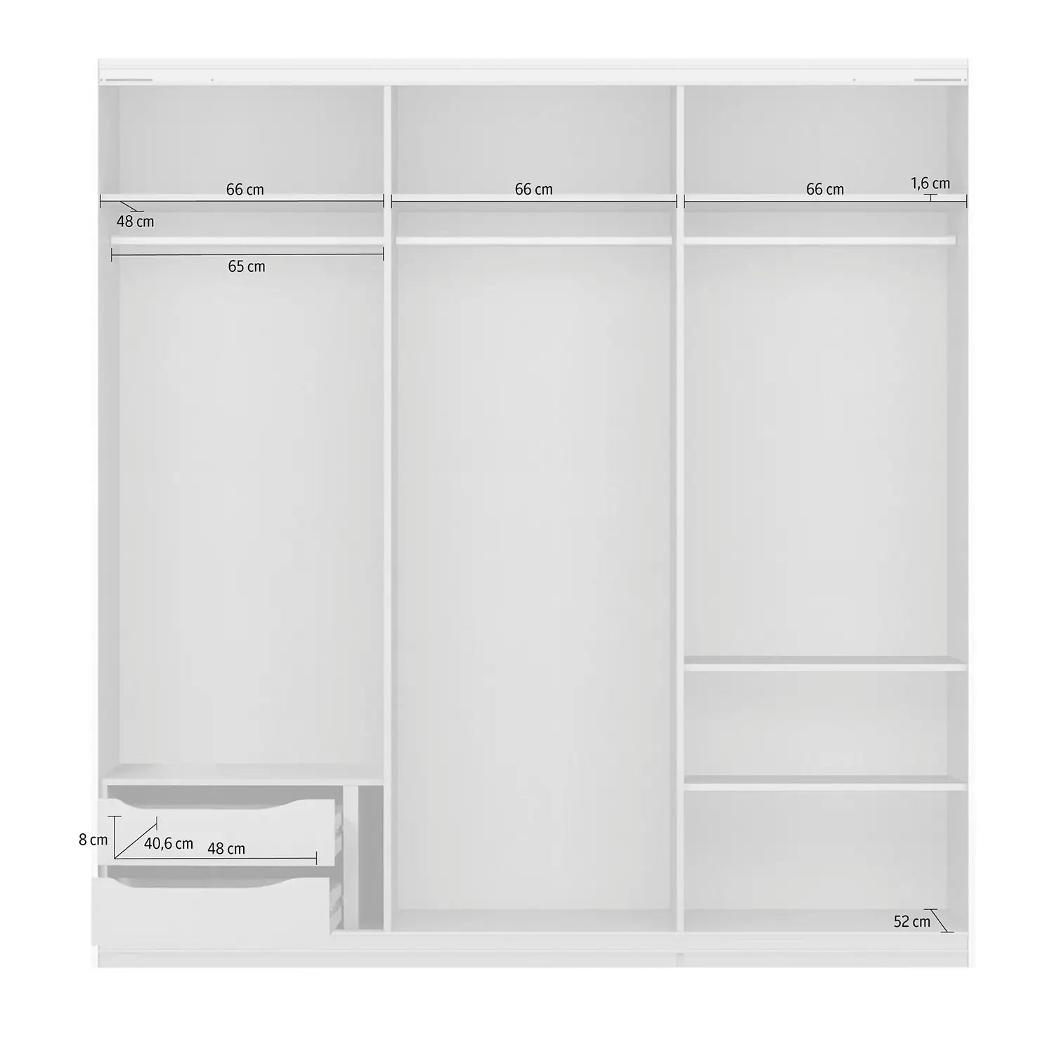 Rauch Prism Silk Grey 3 Door Full Mirror Sliding Wardrobe - 203cm - Interior view with Dimensions