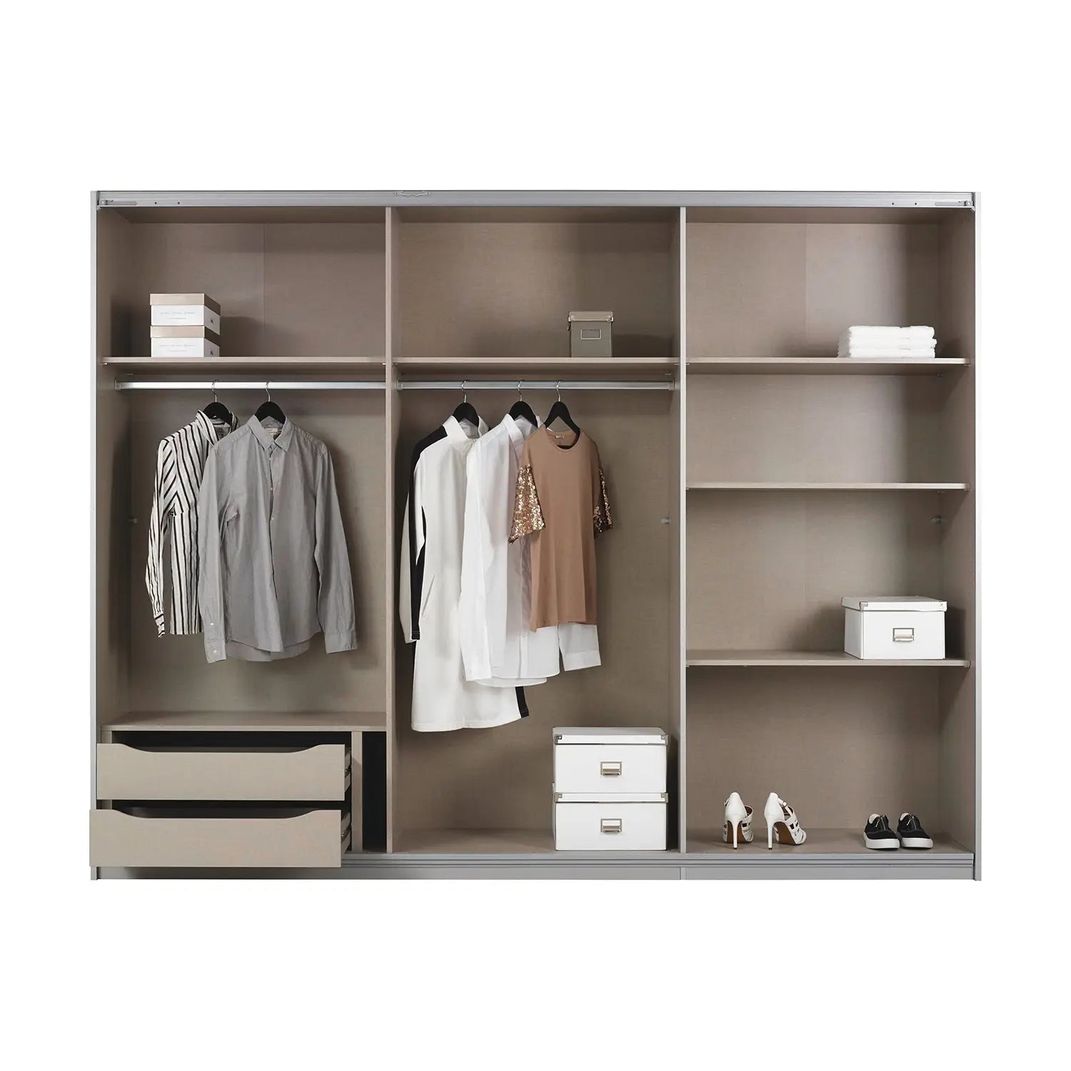 Rauch Prism Metallic Grey 3 Door Full Mirror Sliding Wardrobe - 271cm - Interior view Styled in a Bedroom
