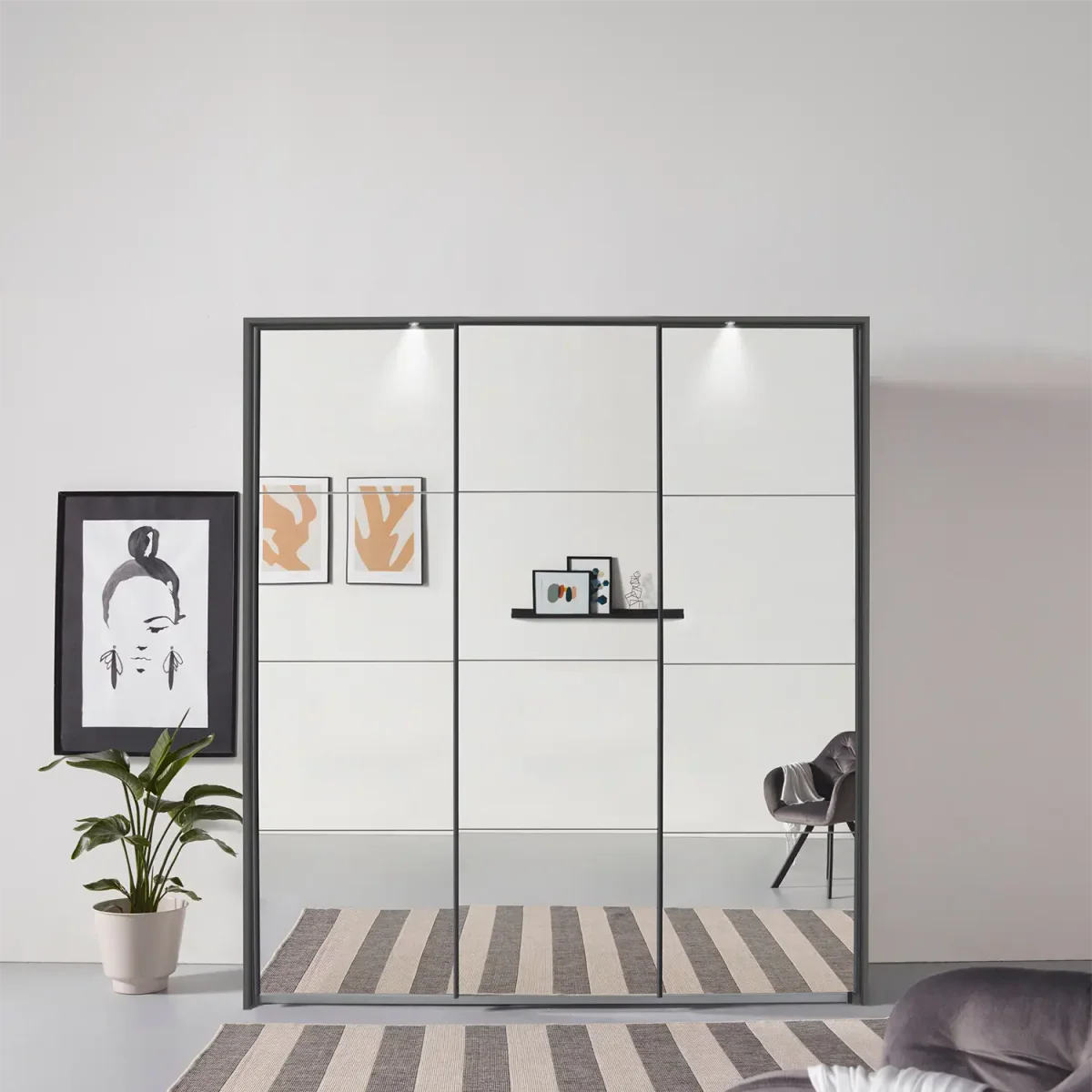 Rauch Prism Graphite 3 Door Full Mirror Sliding Wardrobe - 203cm - Passepartout Frame with Light - Styled in a Bedroom