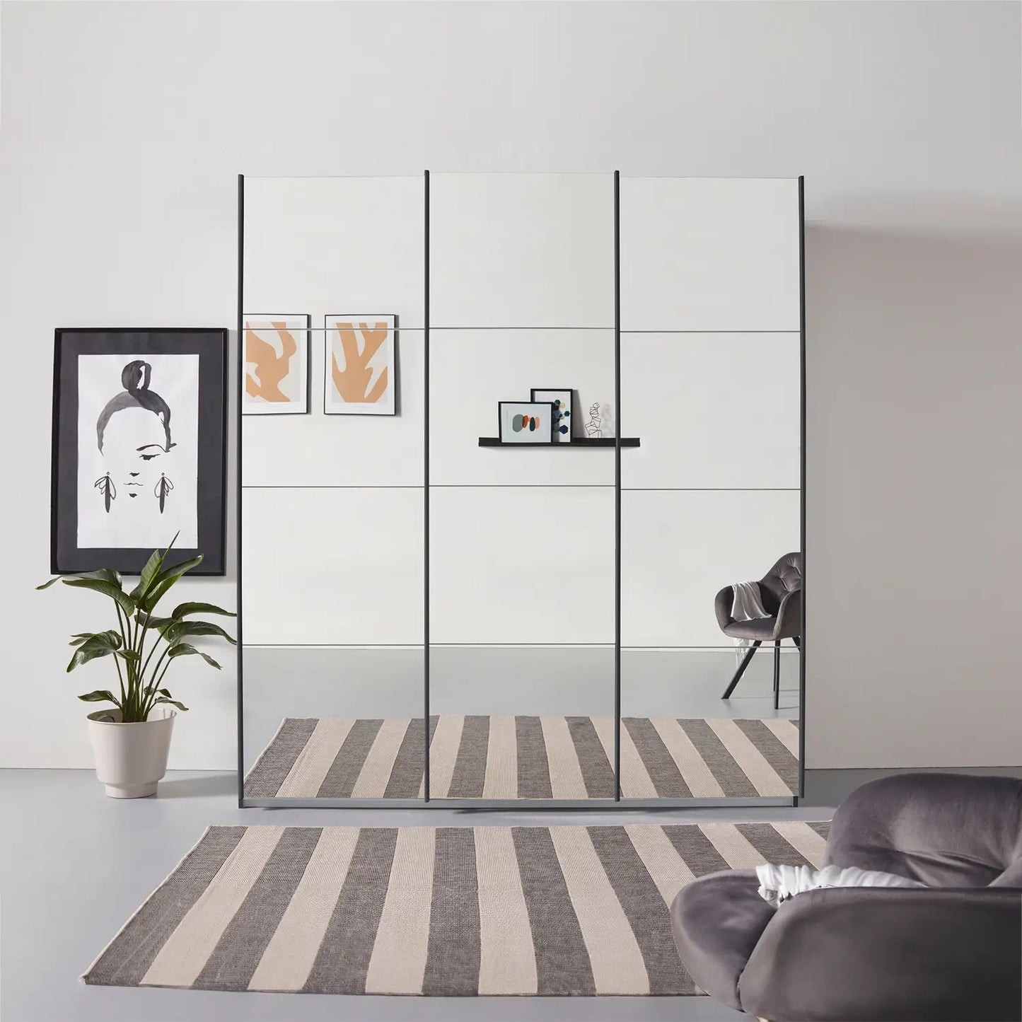 Rauch Prism Graphite 3 Door Full Mirror Sliding Wardrobe - 203cm - Styled in a Bedroom