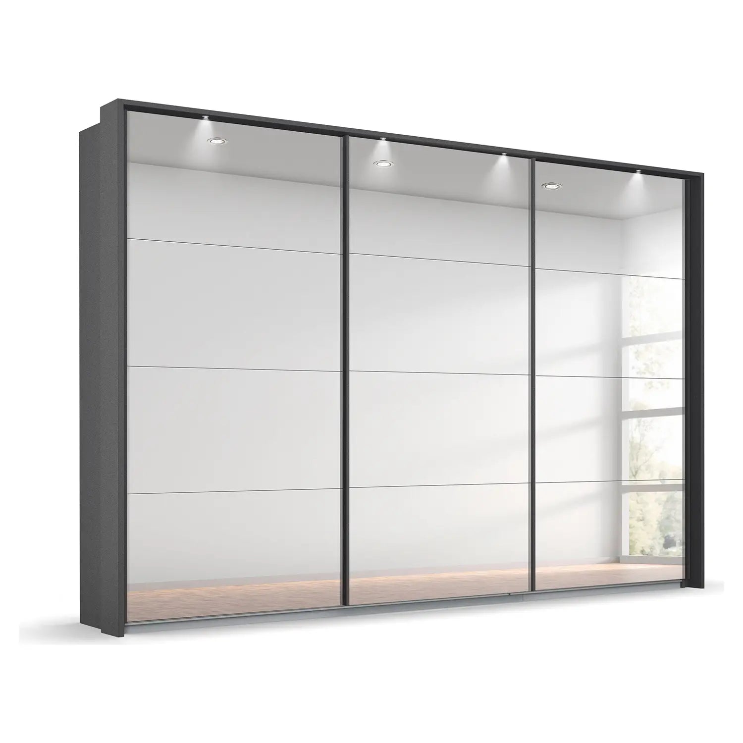 Rauch Prism Metallic Grey 3 Door Full Mirror Sliding Wardrobe - 271cm - Passepartout Frame with Light