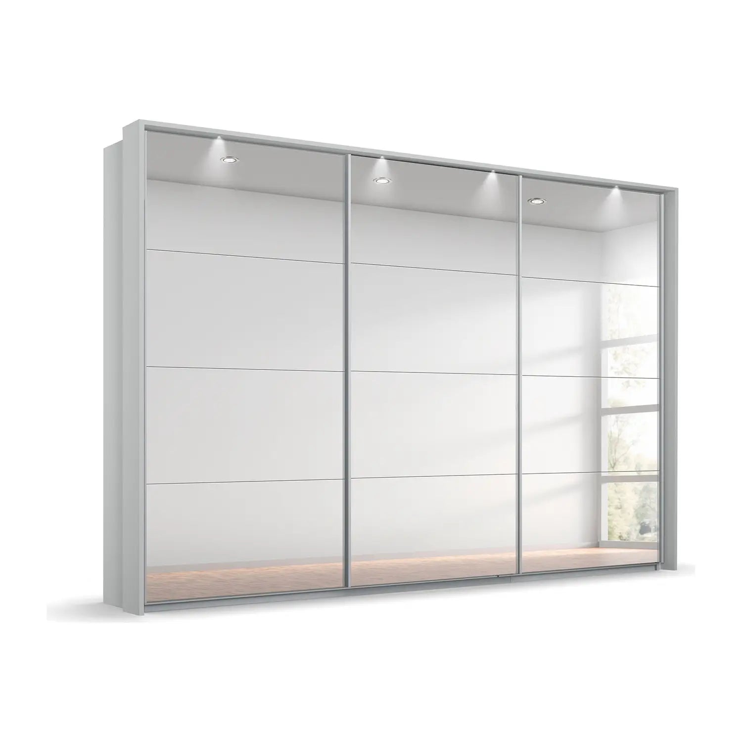 Rauch Prism Silk Grey 3 Door Full Mirror Sliding Wardrobe - 271cm - Passepartout Frame with Light
