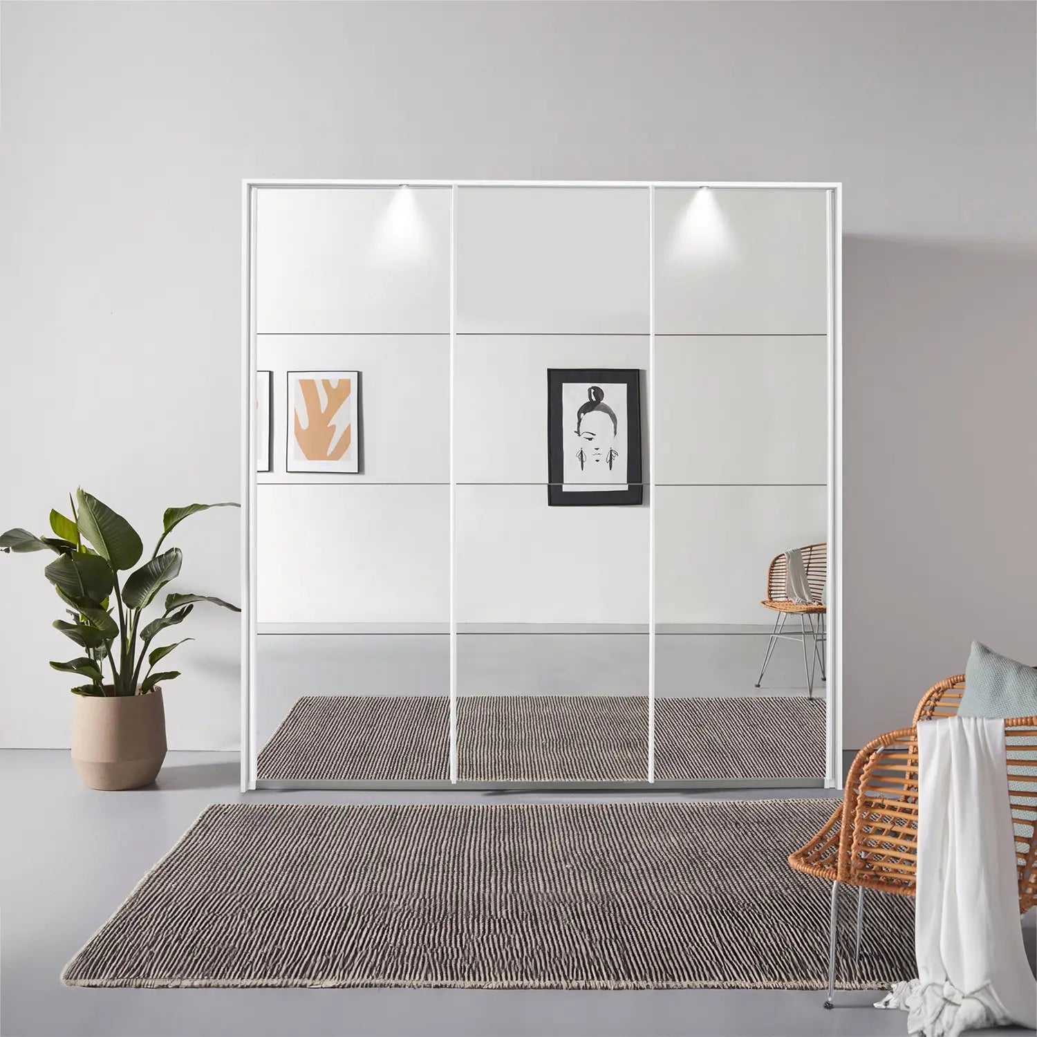 Rauch Prism White 3 Door Full Mirror Sliding Wardrobe - 203cm - Passepartout Frame with Light - Lifestyle Image