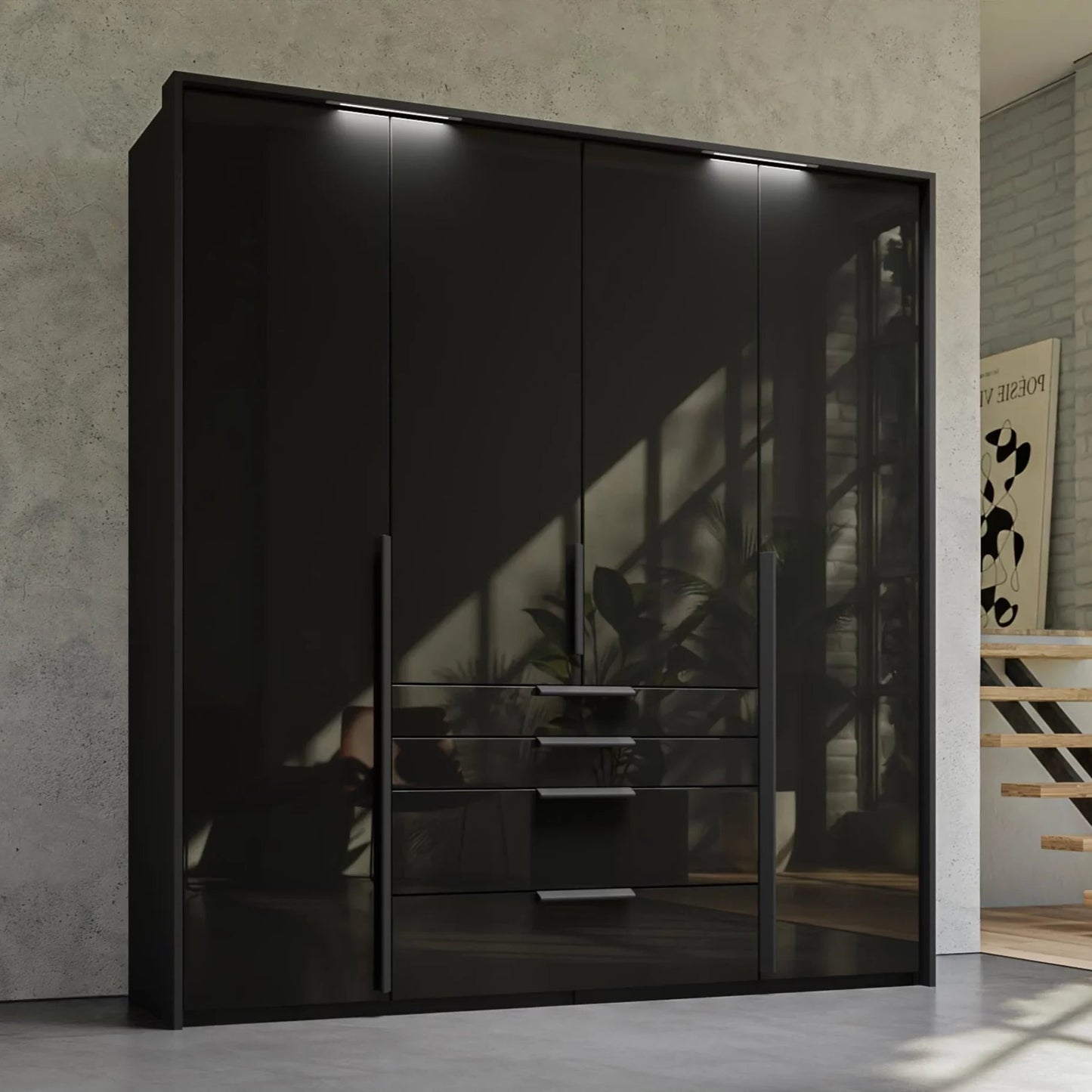 Rauch Frans 201cm Glass 4 Door Hinged Wardrobe with Exterior Drawers