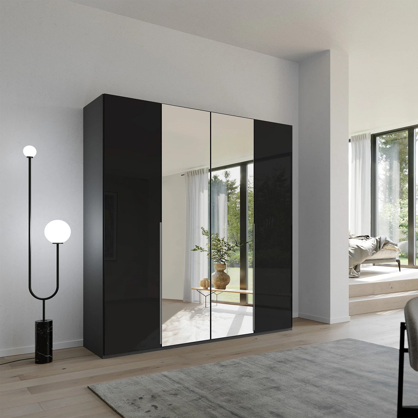 Rauch Frans 201cm Basalt Glass 4 door wardrobe with Mirror, premium interior, long Door Handles
