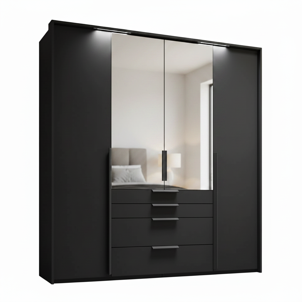 Rauch Purisma Frans 200cm Matt Graphite4 Door Wardrobe with Drawers, Mirror and LED Light Passepartout Frame