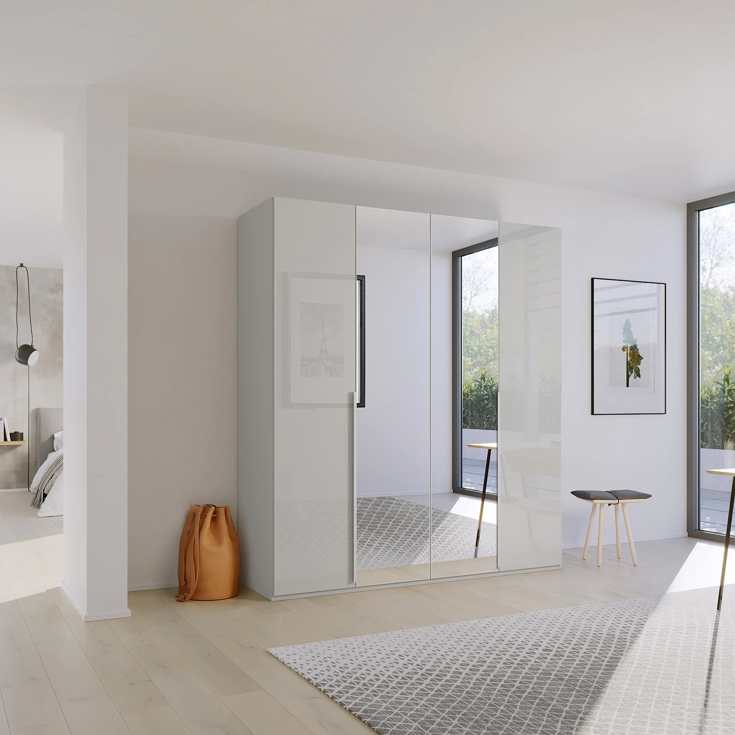 Shop the Rauch Frans 201cm Silk Grey Glass and Mirror Front 4 door wardrobe with premium interior and Long Door Handles
