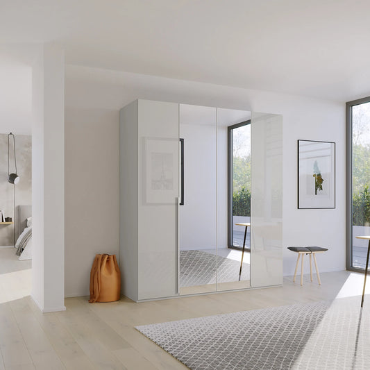 Shop the Rauch Frans 201cm Silk Grey Glass and Mirror Front 4 door wardrobe with premium interior and Long Door Handles