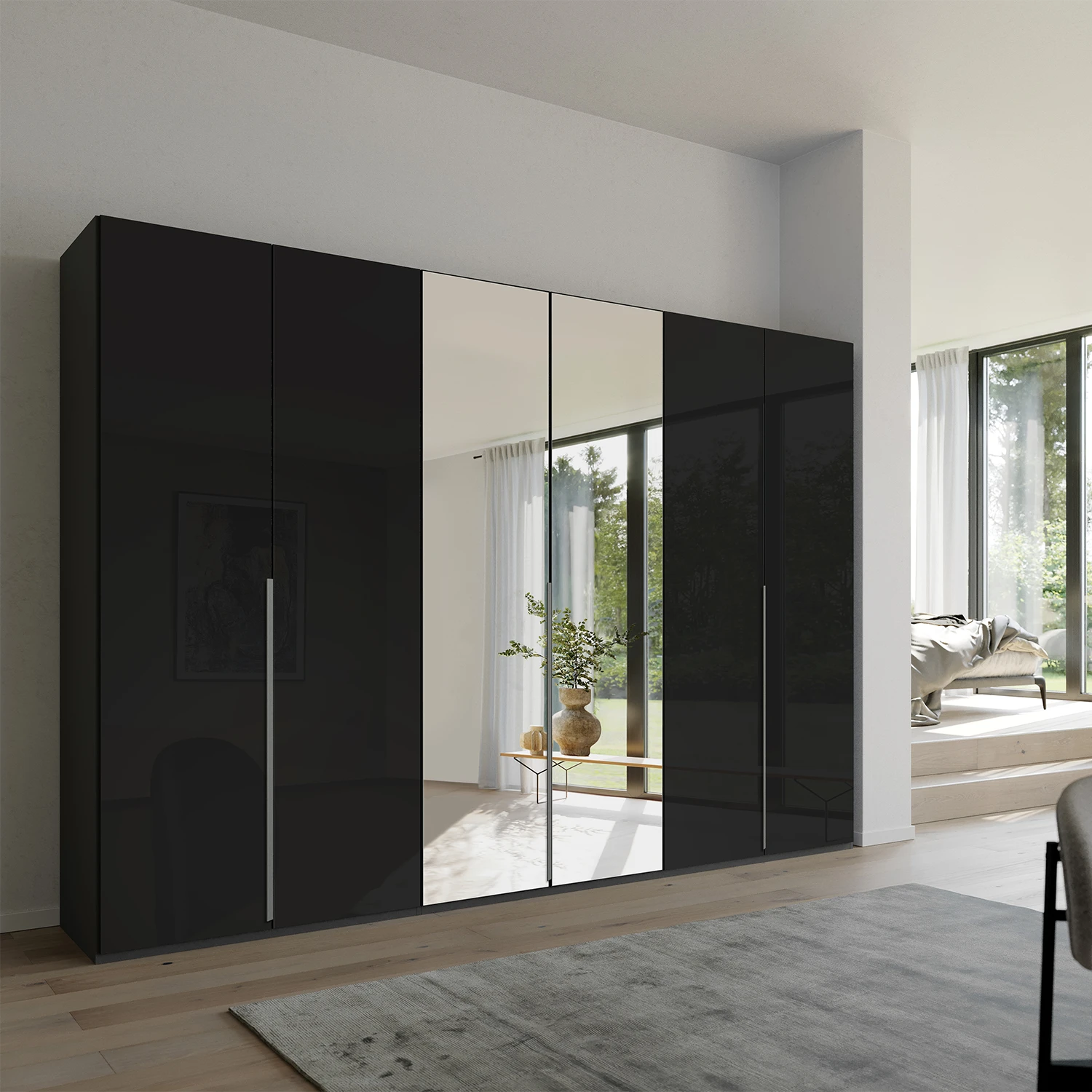 Rauch Frans 300cm Basalt Glass 6 door wardrobe with Mirror, premium interior and long door handles