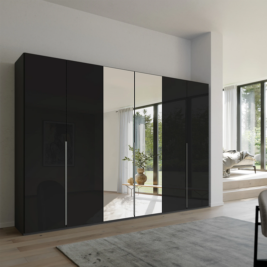 Rauch Frans 300cm Basalt Glass 6 door wardrobe with Mirror, premium interior and long door handles